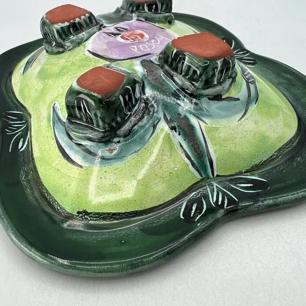 Posey Bacopoulos Pottery Majolica Square Bowl Candy Console Dish Green Pink 7